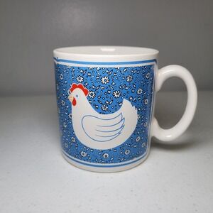 Artmark Vintage Blue Chicken Mug 1983 Ceramic Coffee Cup Japan Floral Calico